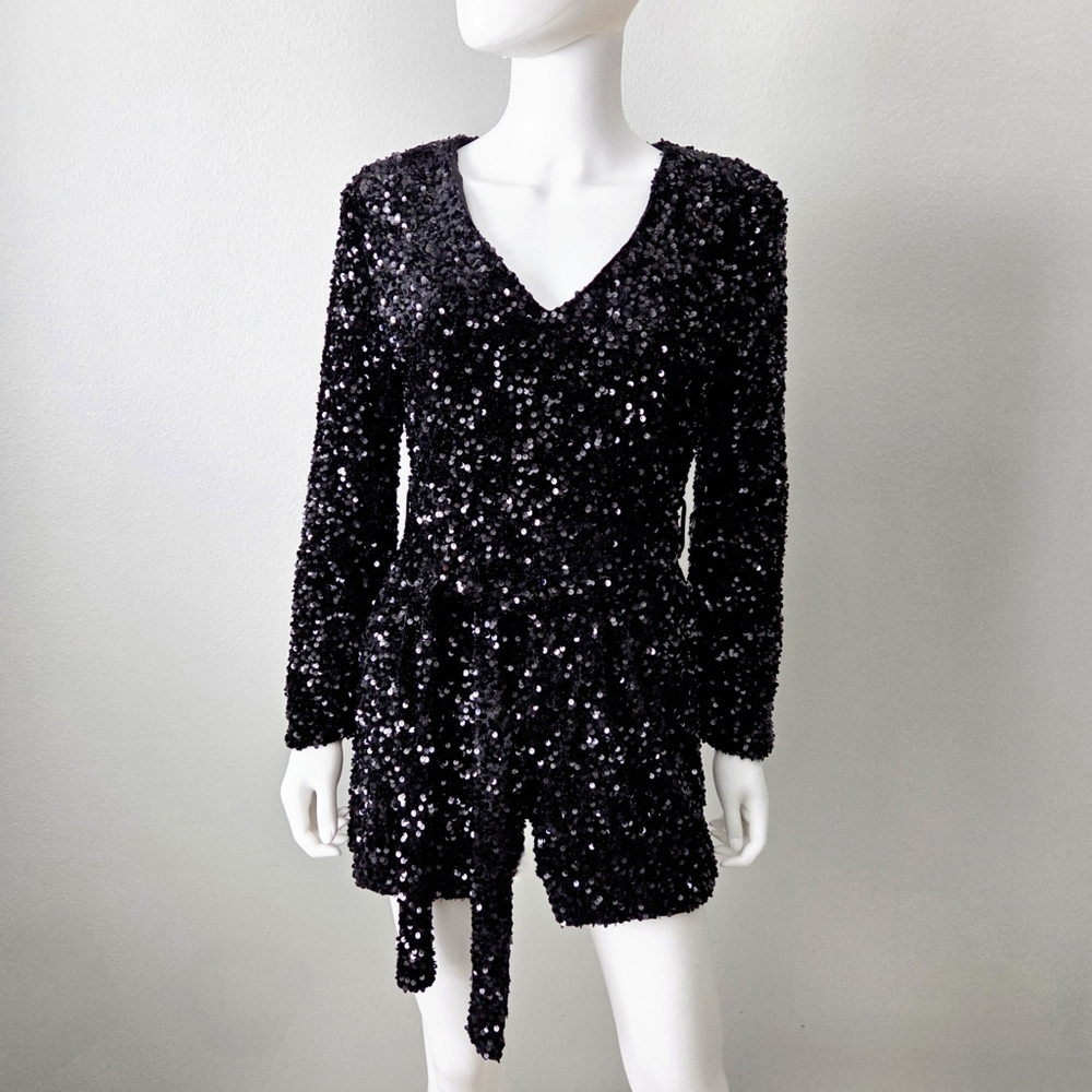 Black Sequin Long Sleeve Romper With V-Neckline & Removable Belt, Size Small - Picture 2 of 16